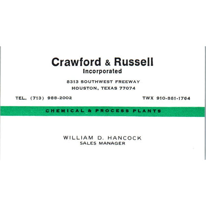 William D Hancock Crawford & Russell Inc Houston Vintage Business Card SE3-B10