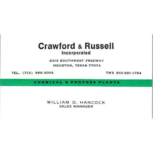 William D Hancock Crawford & Russell Inc Houston Vintage Business Card SE3-B10
