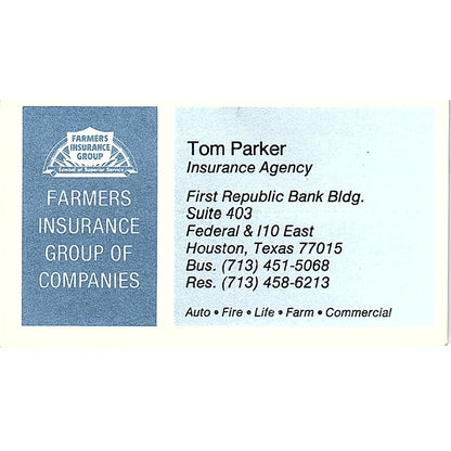 Tom Parker Farmers Ins Group Houston Vintage Business Card SD9-B7