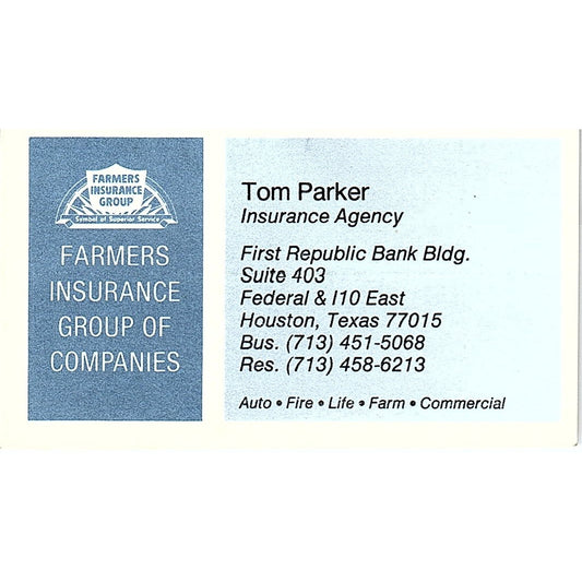 Tom Parker Farmers Ins Group Houston Vintage Business Card SD9-B7