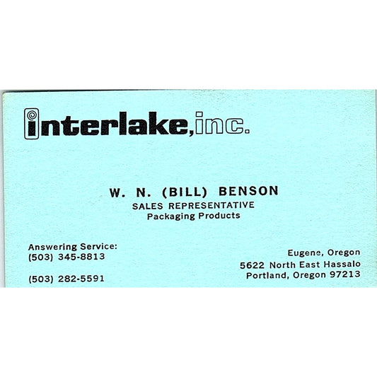 Interlake Inc Bill Benson Eugene Oregon Vintage Business Card SB4-B9