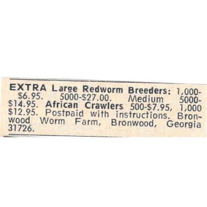 Bronwood Worm Farm African Crawlers Bronwood GA 1977 Ad AF6-S7