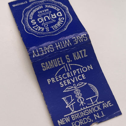 Samuel S Katz Pharmacy Fords NJ Vintage Matchbook Cover TB8-MB2-3