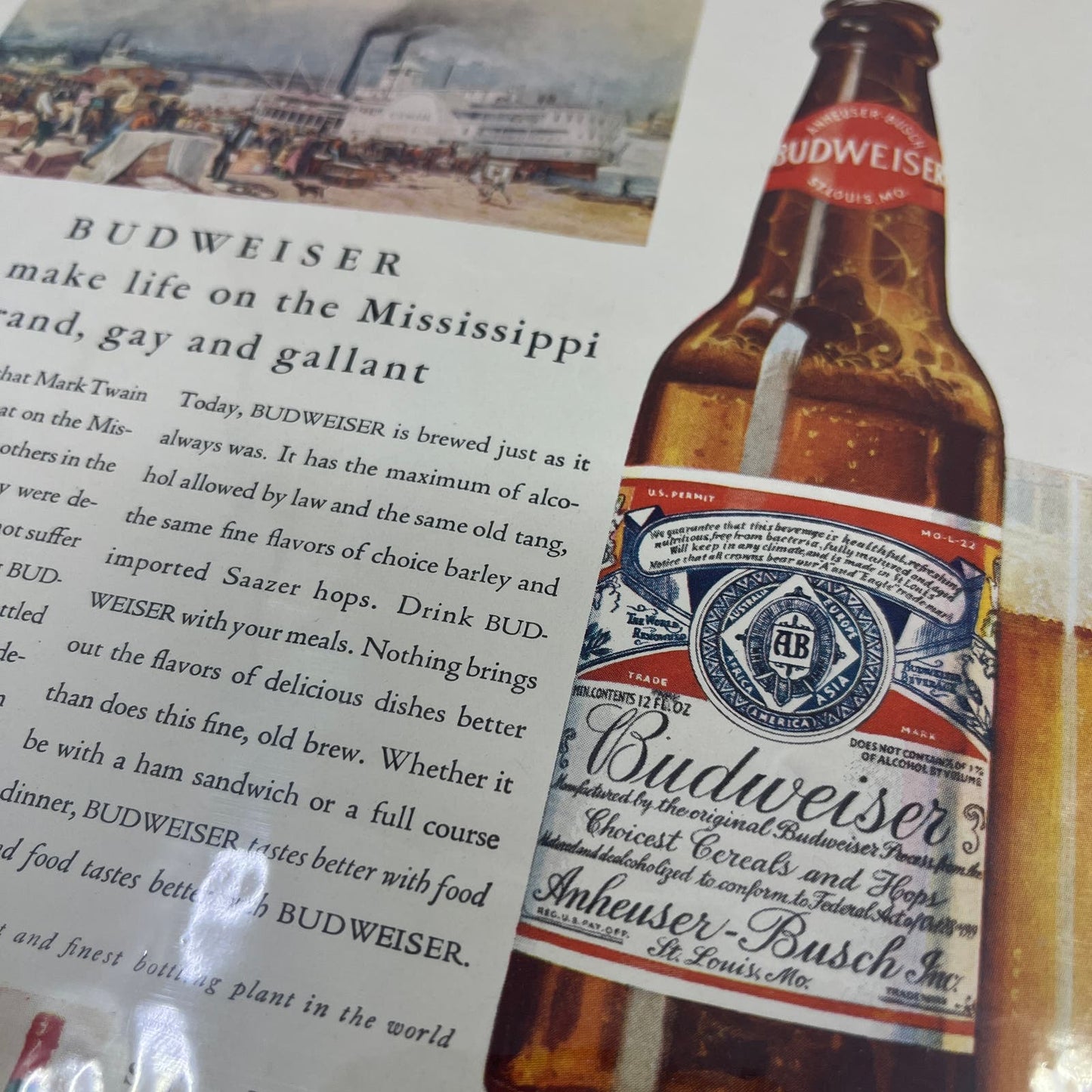 1932 Budweiser Beer Life on the Mississippi 9x12 Magazine Advertisement FL6-6