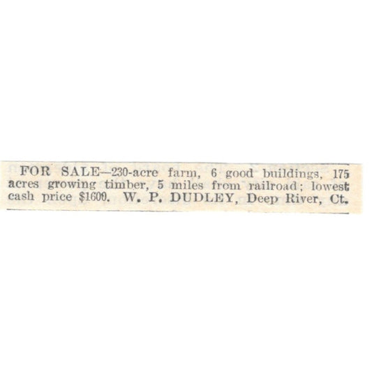 230 Acre Farm Sale W.P. Dudley Deep River CT 1905 Magazine Ad AF1-NES1