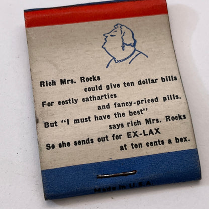 Ex-Lax Chocolate Laxative Mrs. Rocks Vintage Matchbook Cover TB8-MB3-3