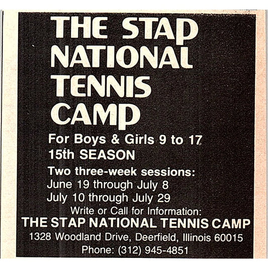 The Stap National Tennis Camp Deerfield IL 1977 Ad AF3-Q3