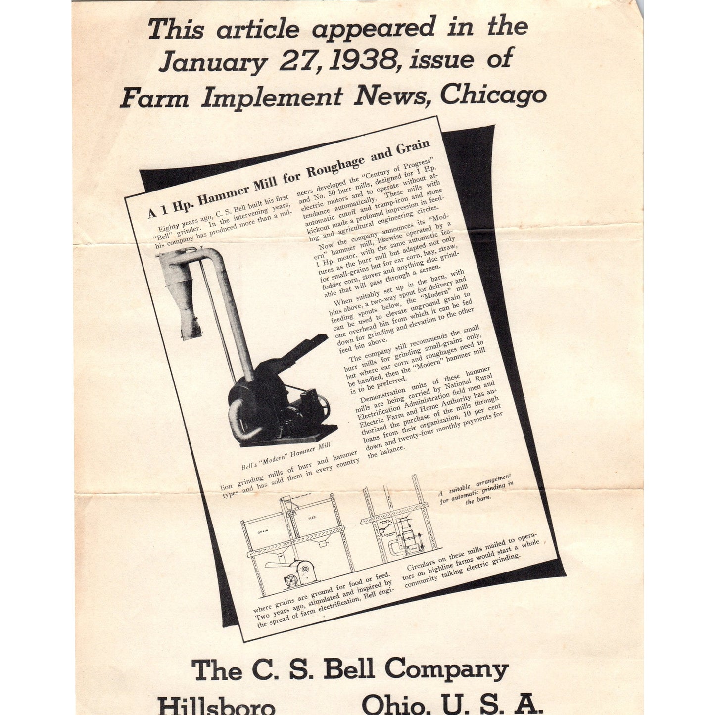 1938 C.S. Bell Company Farm Hammer Mill Ad Leaflet Hillsboro OH D21