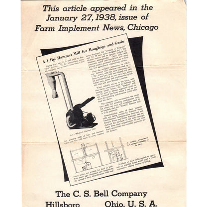 1938 C.S. Bell Company Farm Hammer Mill Ad Leaflet Hillsboro OH D21