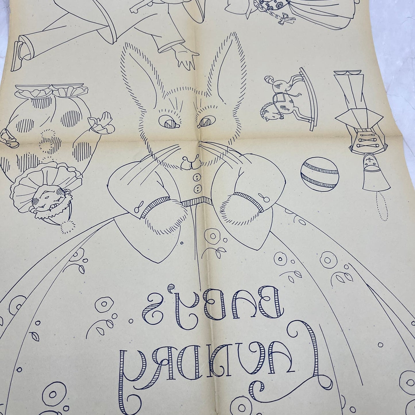Vintage Large Fold Out Embroidery Pattern Baby's Laundry Bunny Dress FL6-1
