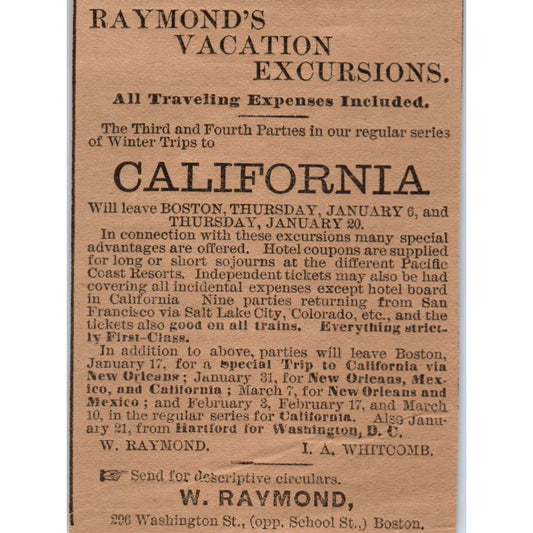 W.A. Raymond California Excursions I.A. Whitcomb 1886 Victorian Ad AB8-HT1