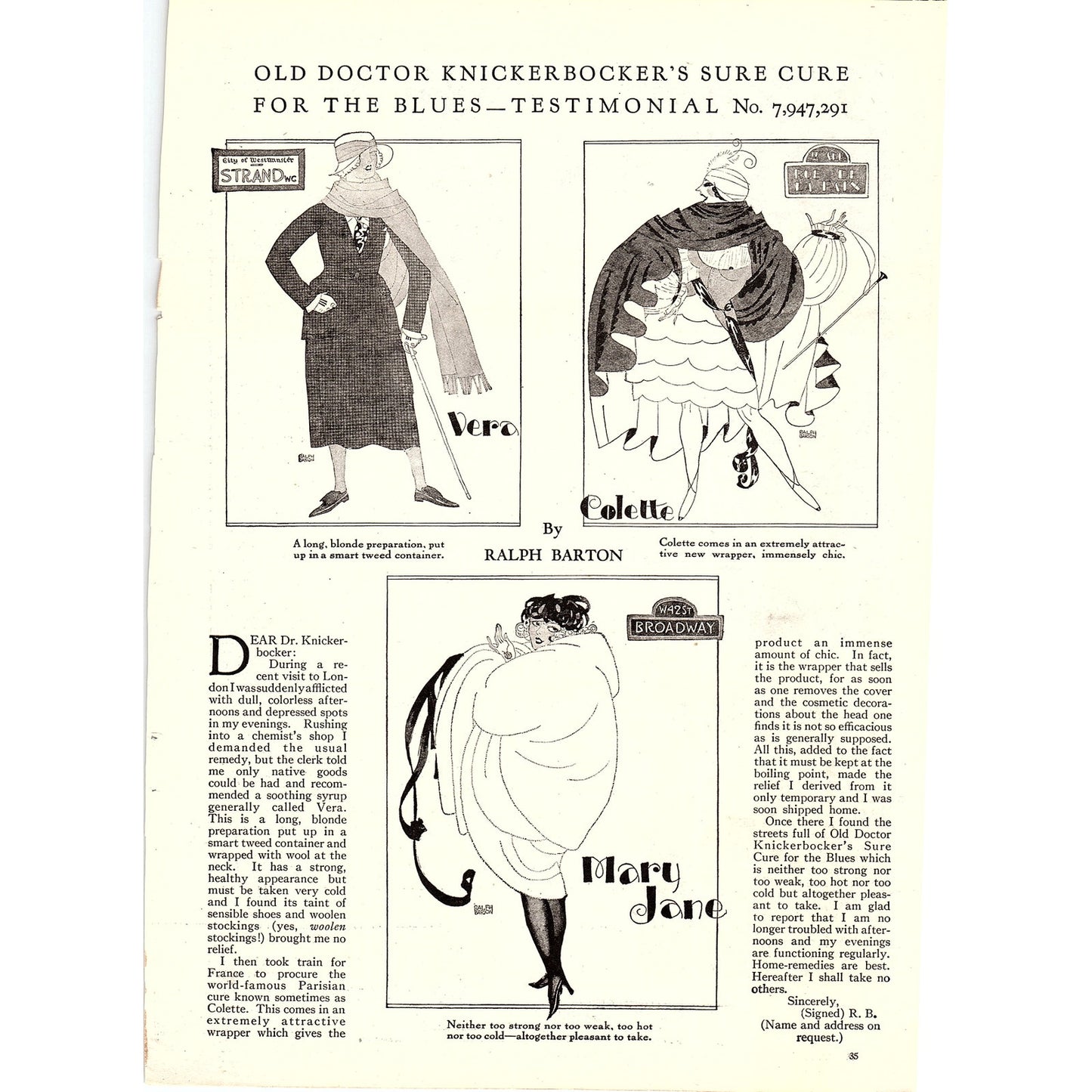 Dr. Knickerbocker's Sure Cure for the Blues Ralph Barton Magazine Art 8x11 V10