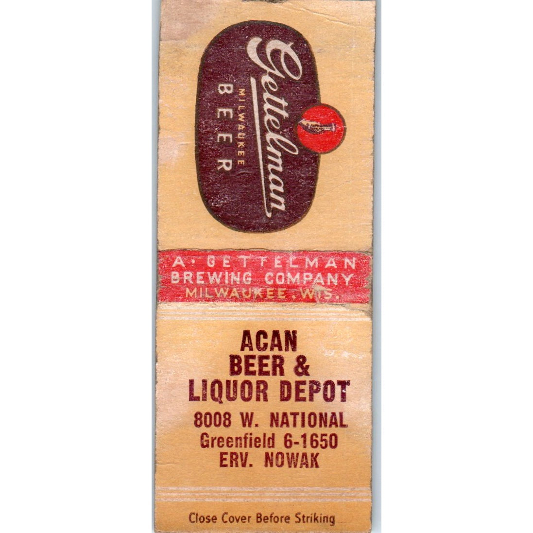 Acan Beer & Liquor Depot Erv Nowak Greenfield Vintage Matchbook Cover SD2-Y2