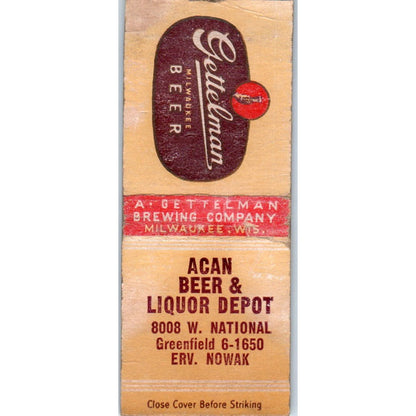 Acan Beer & Liquor Depot Erv Nowak Greenfield Vintage Matchbook Cover SD2-Y2