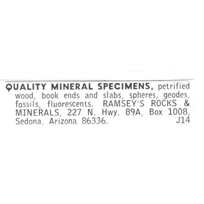 Ramsey's Rocks & Minerals Quality Specimens Sedona AZ 1972 Ad AF8-S24