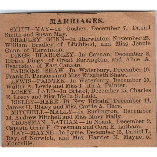 1886 Marriage Announcement Smith May Bradley Gunn Dings Beardsley Parsons AB8HT1