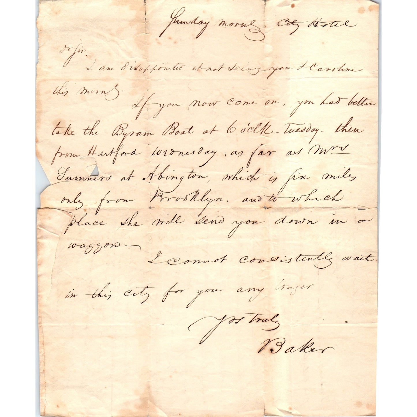 1828 Original Handwritten Letter Bunkers Boarding House NY Caroline B. Tyler D21