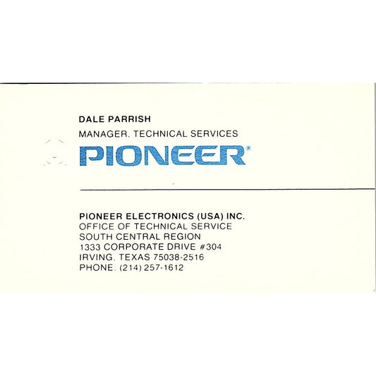 Pioneer Electronics USA Dale Parrish Irving Texas Vintage Business Card SF3-B7
