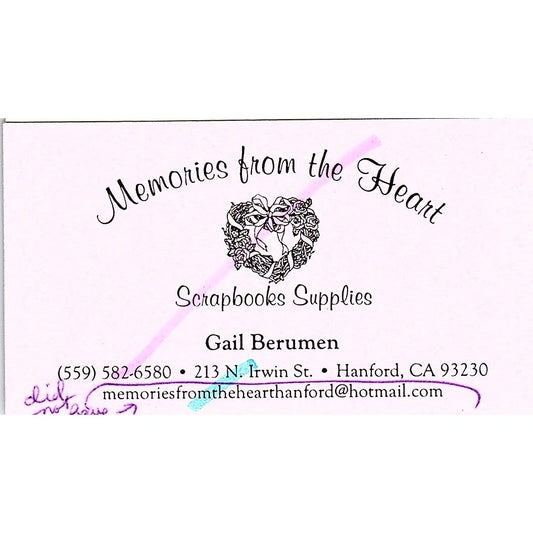 Memories From The Heart Gail Berumen Hanford CA Vintage Business Card SC9-B9