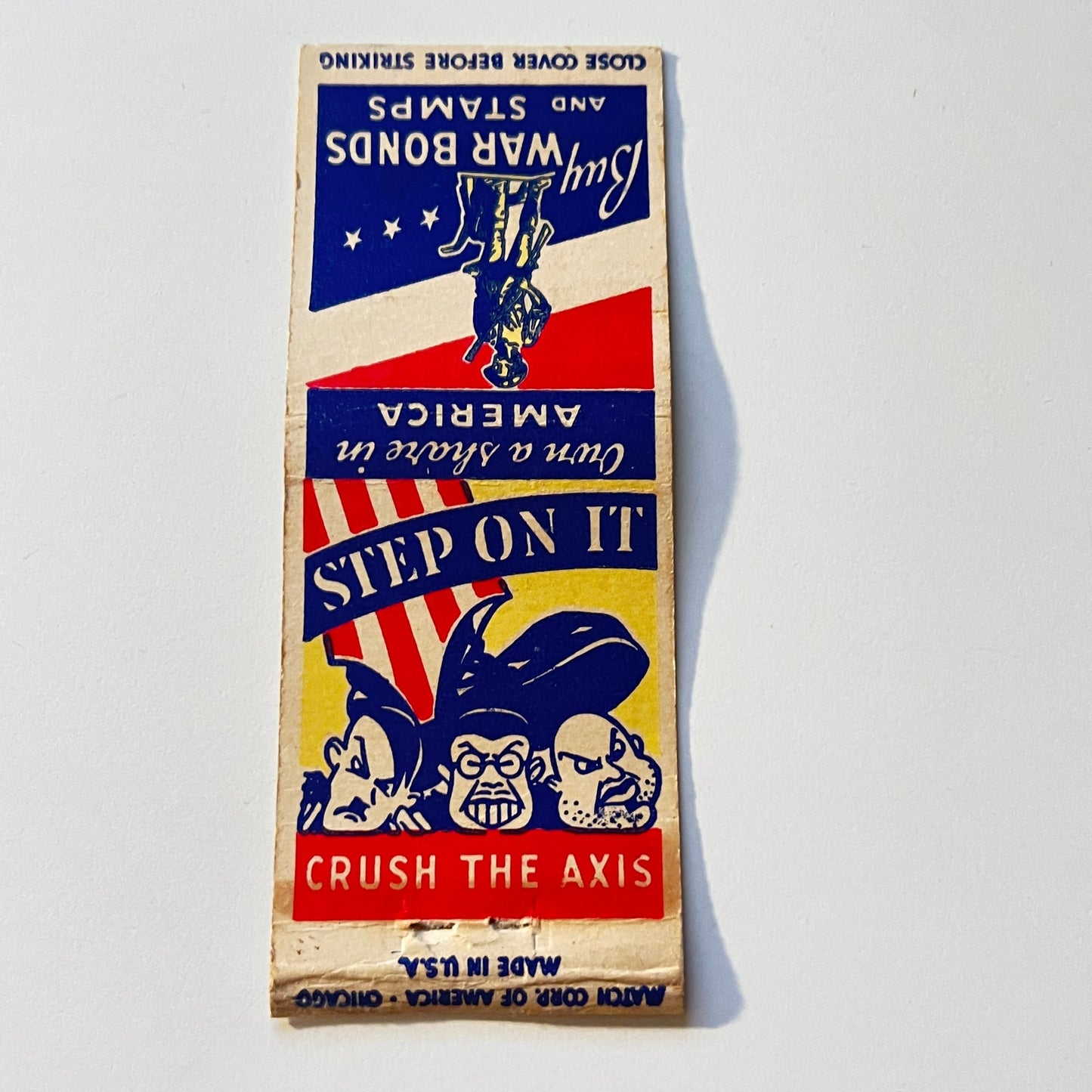 1940s WWII Step On It Hitler Tojo Musso Caricature Matchbook Cover MB111-6