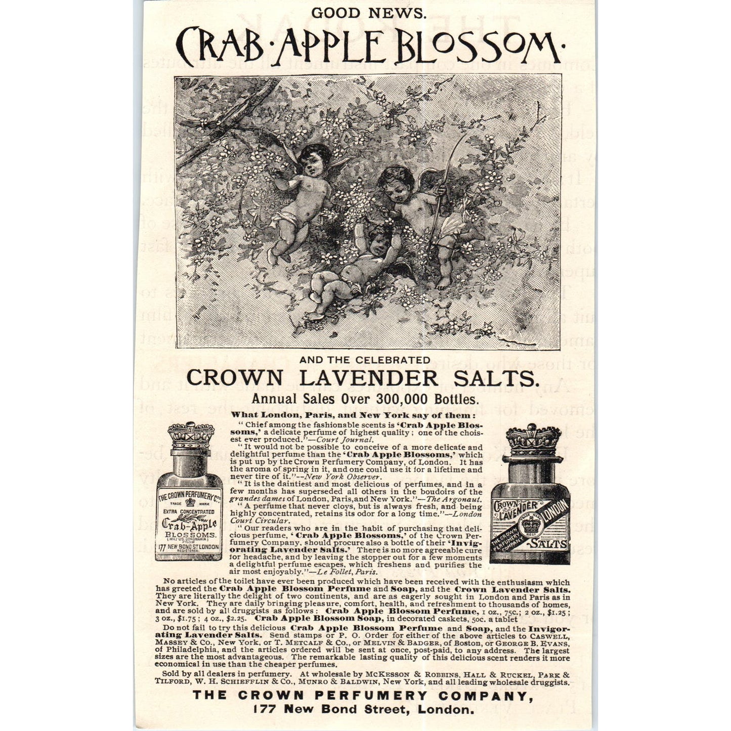 Crab Apple Blossom Crown Perfumery Lavender Salts London c1890 Victorian Ad AE8