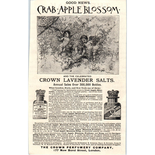 Crab Apple Blossom Crown Perfumery Lavender Salts London c1890 Victorian Ad AE8