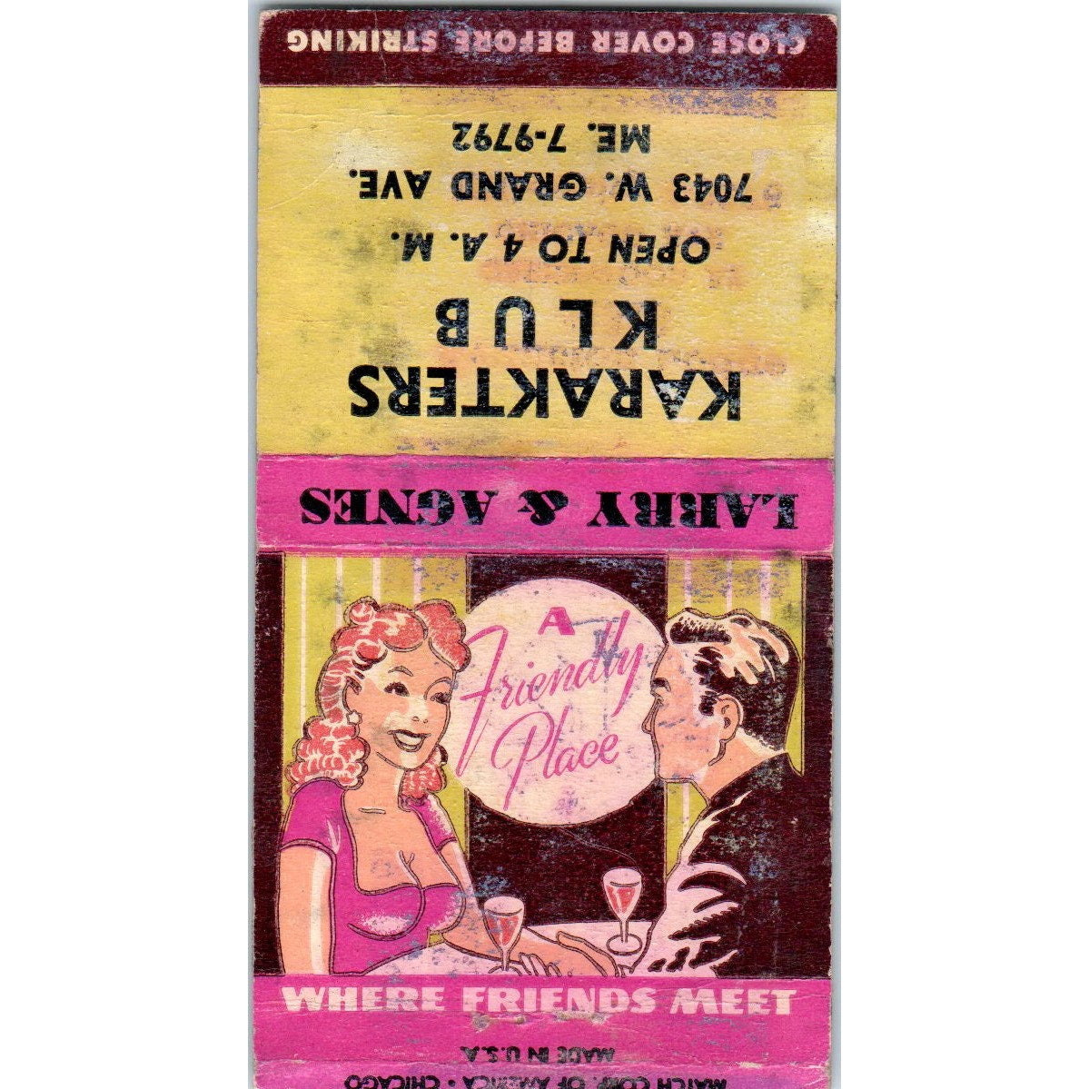 Karakters Klub Larry & Ages Chicago Vintage Matchbook Cover SF4-Y7