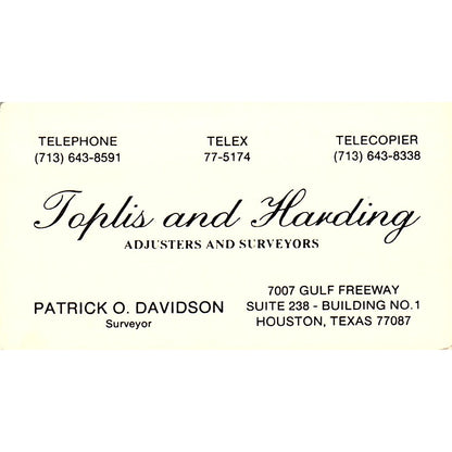 Toplis and Harding Adjusters Patrick O Davidson Houston Vtg Business Card SC9-B2
