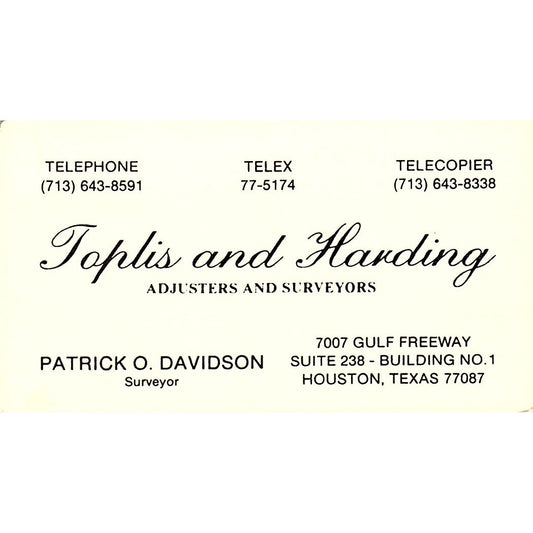 Toplis and Harding Adjusters Patrick O Davidson Houston Vtg Business Card SC9-B2