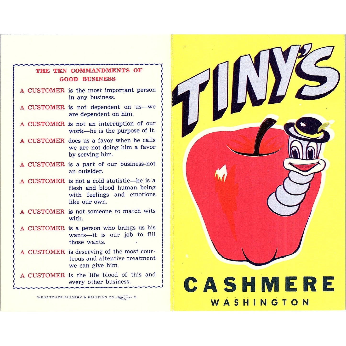 Tiny's Fruit Stand Uncle Elmer Cashmere WA 1960s Travel Brochure TH2-TB4