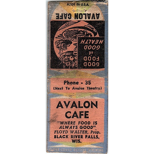 Avalon Cafe Floyd Walter Black River Falls WI Vintage Matchbook Cover SF3-Y1