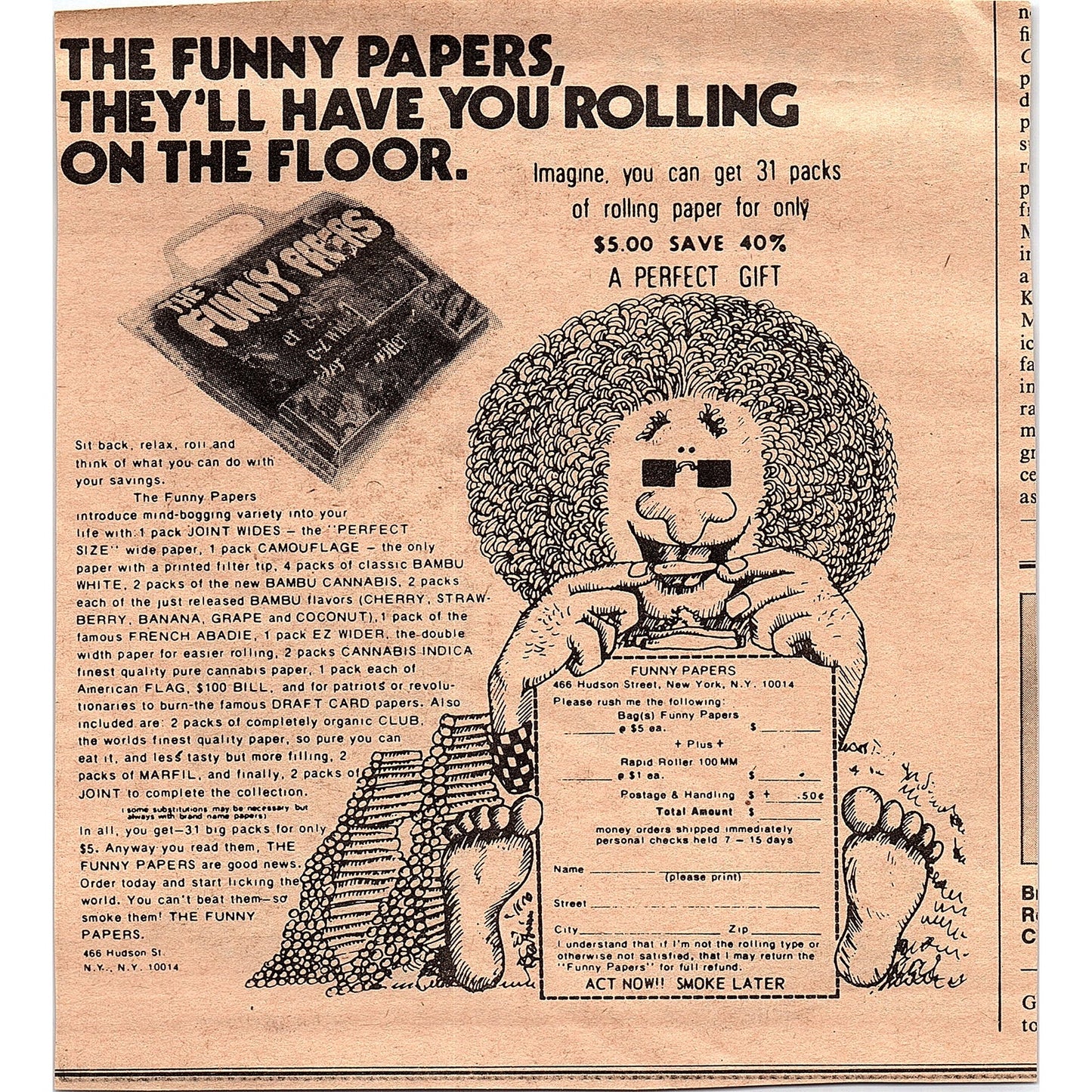 The Funny Papers - Rolling Papers Hudson Street New York 6.5x6 1974 Ad AF6-18