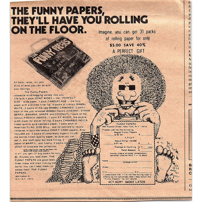 The Funny Papers - Rolling Papers Hudson Street New York 6.5x6 1974 Ad AF6-18