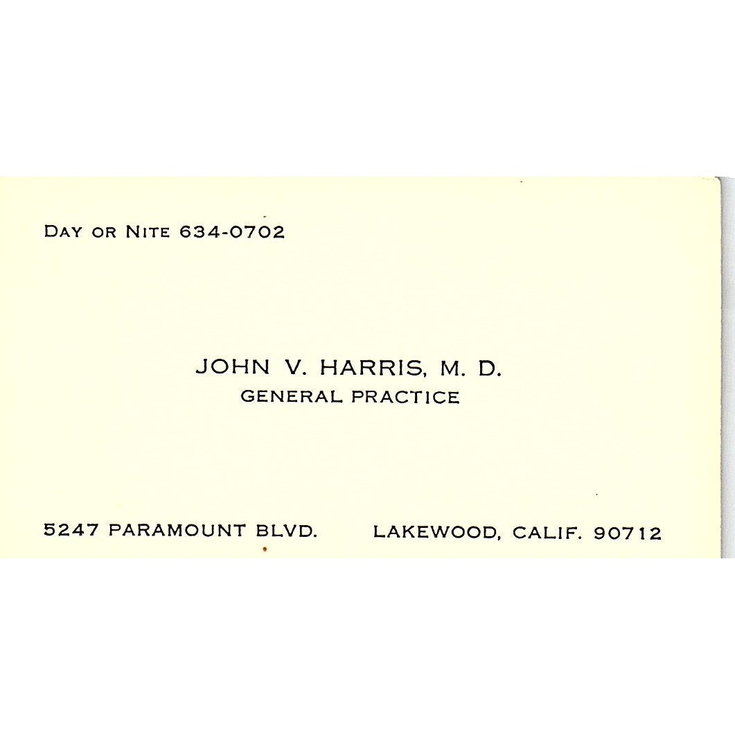 General Practice John V. Harris, M.d. Lakewood, CA Vintage Business Card SF3-B8