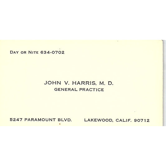 General Practice John V. Harris, M.d. Lakewood, CA Vintage Business Card SF3-B8