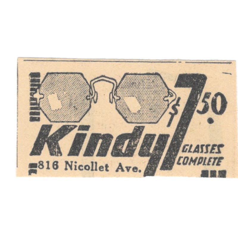 Kindy Glasses Nicollet Ave 1935 Minneapolis Journal Advertisement AE7-H3