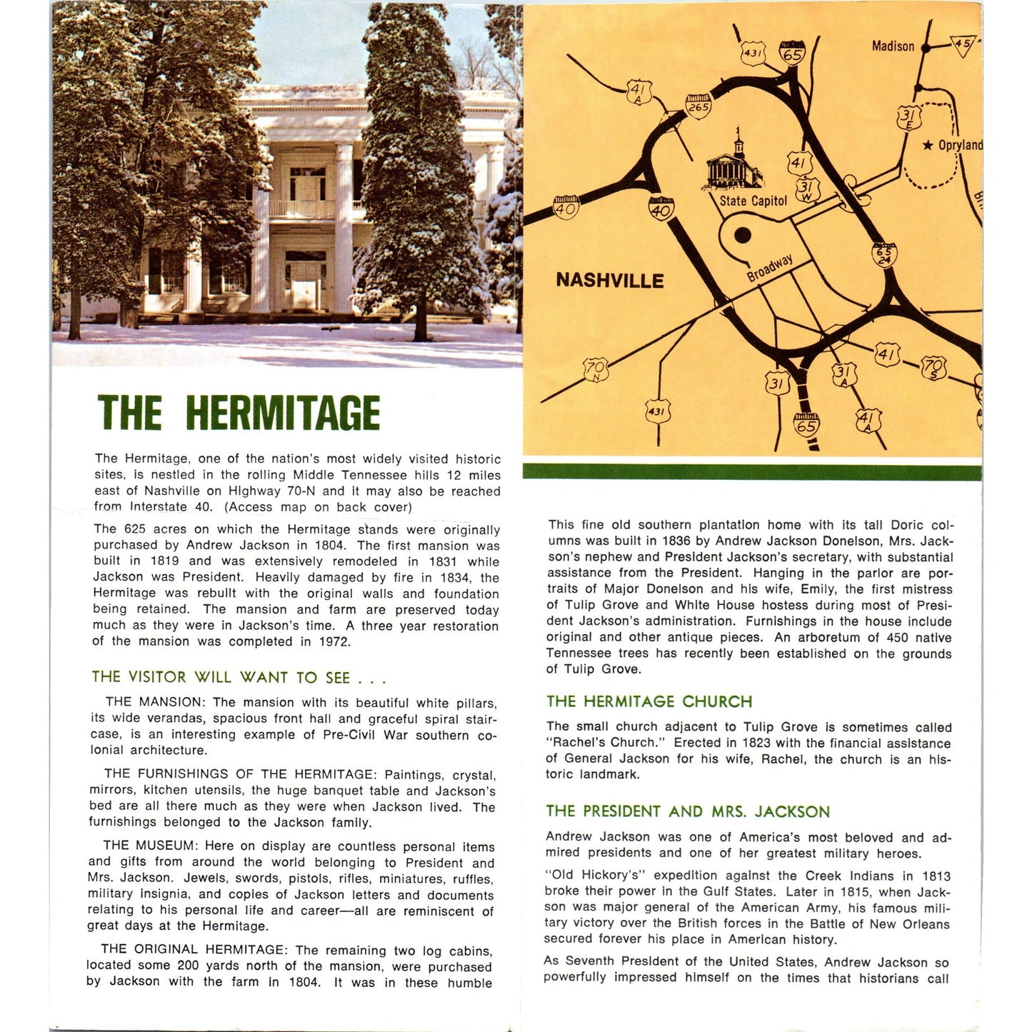 Vintage The Hermitage Home of Andrew Jackson Nashville TN Map & Brochure TF4-B1