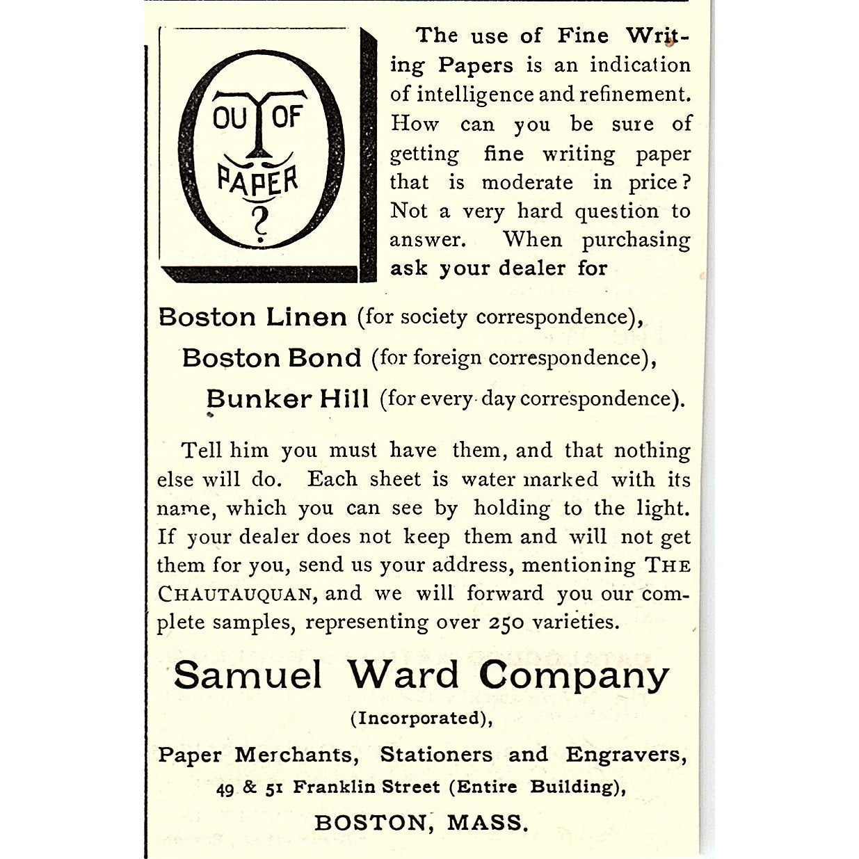 Samuel Ward Company Paper Merchants Boston MA 1892 Ad AG2-M9