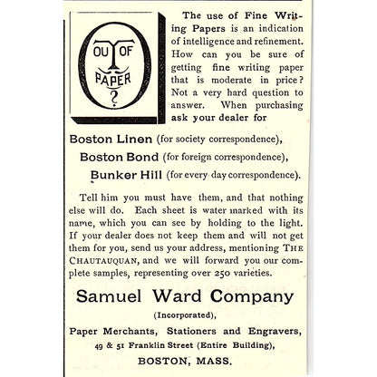 Samuel Ward Company Paper Merchants Boston MA 1892 Ad AG2-M9