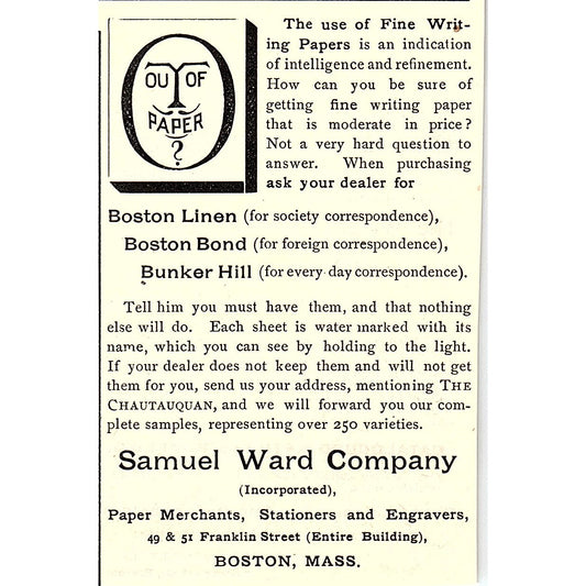 Samuel Ward Company Paper Merchants Boston MA 1892 Ad AG2-M9