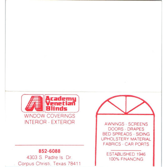 Academy Venetian Blinds Corpus Christi TX Vintage Business Card SD8-B19