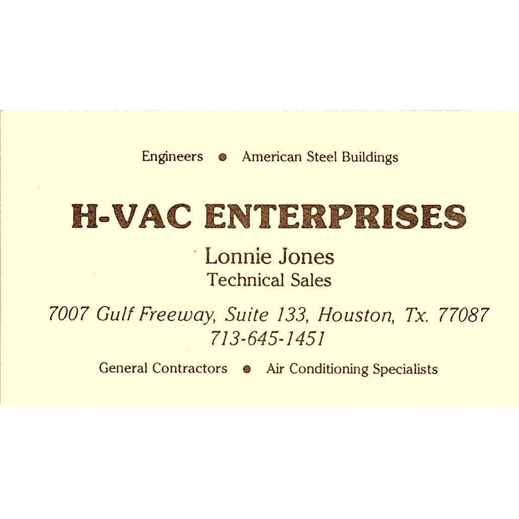 Lonnie Jones H-Vac Enterprises Houston Vintage Business Card SC9-B7