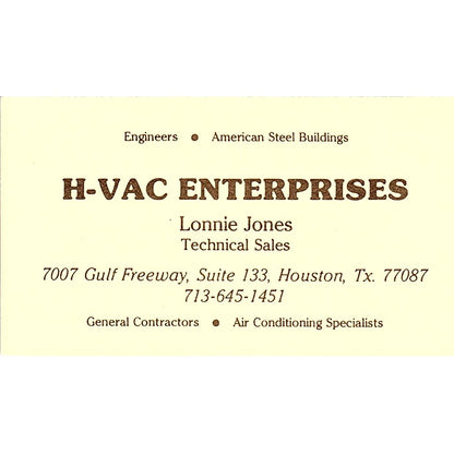 Lonnie Jones H-Vac Enterprises Houston Vintage Business Card SC9-B7