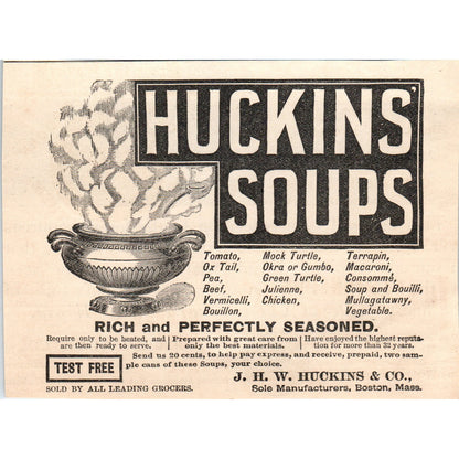 J.H.W. Huckins & Co. Soups Boston 1892 Magazine Ad AB6-SM2