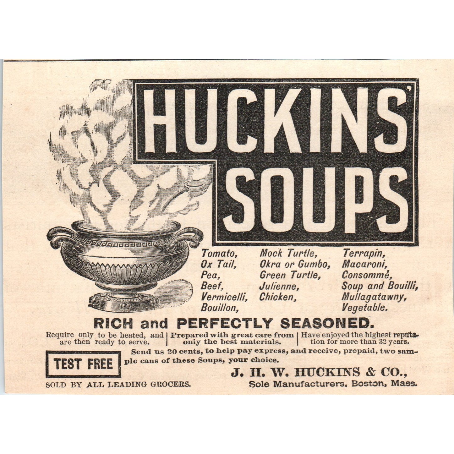 J.H.W. Huckins & Co. Soups Boston 1892 Magazine Ad AK5-H8
