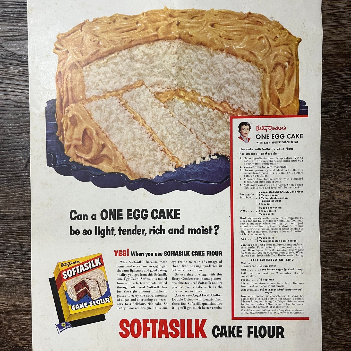 Betty Crocker Softasilk One Egg Cake w/ Recipe Vintage Magazine Ad 11x14 V9