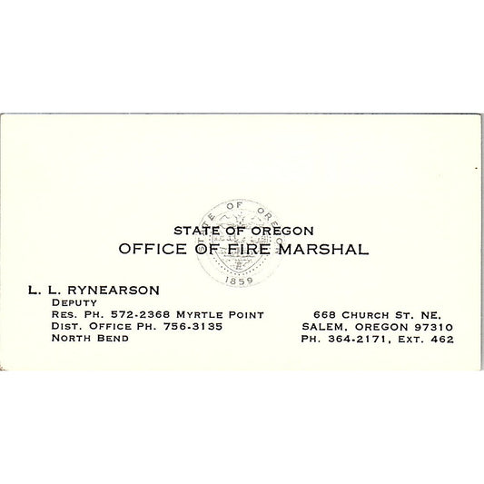 Office of Fire Marshal L. L. Rynearson Salem Oregon Business Card SF3-B3