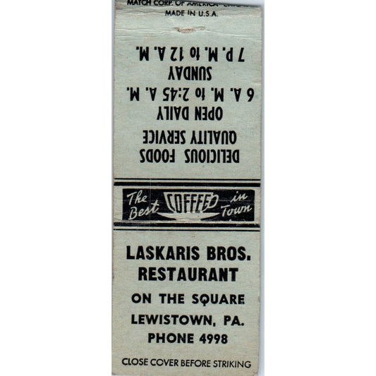 Laskaris Bros. Restaurant Lewistown PA Vintage Matchbook Cover SD4-Y17