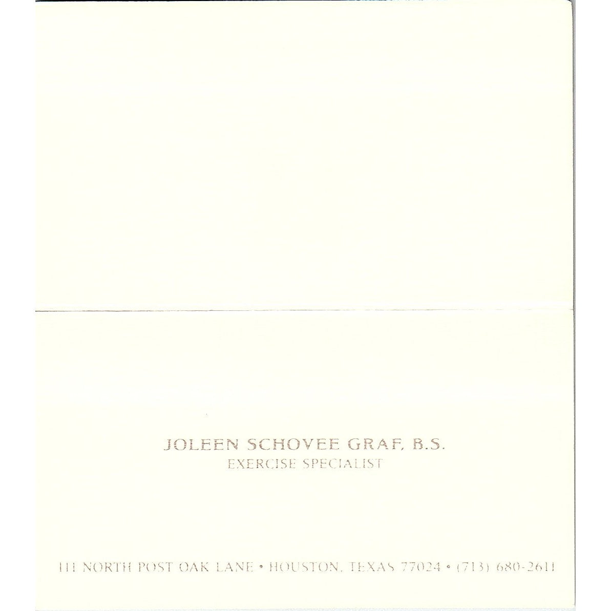 Exercise Specialist Joleen Schovee Graf Houston TX, Vintage Business Card SB4-B2