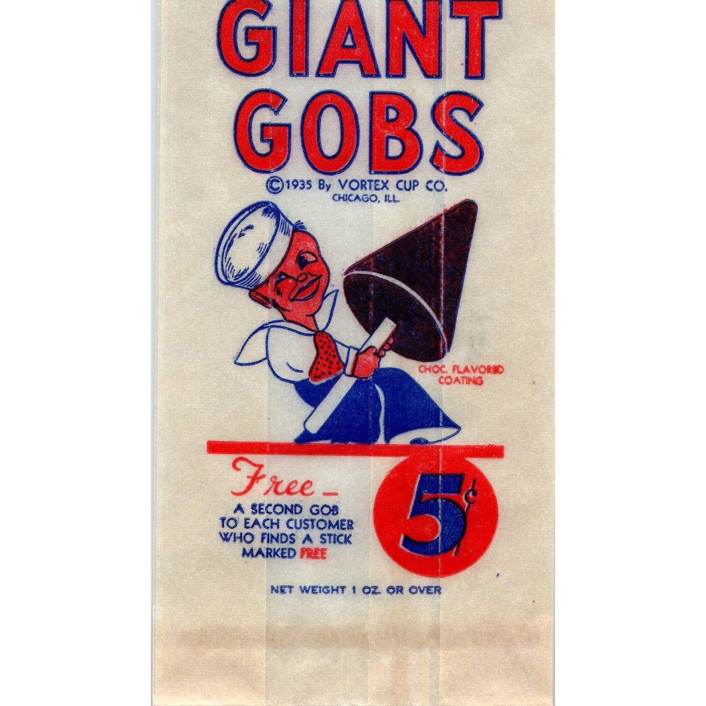 1935 Giant Gobs Chocolate Coated Wax Bag Vortex Cup Co Chicago AB9